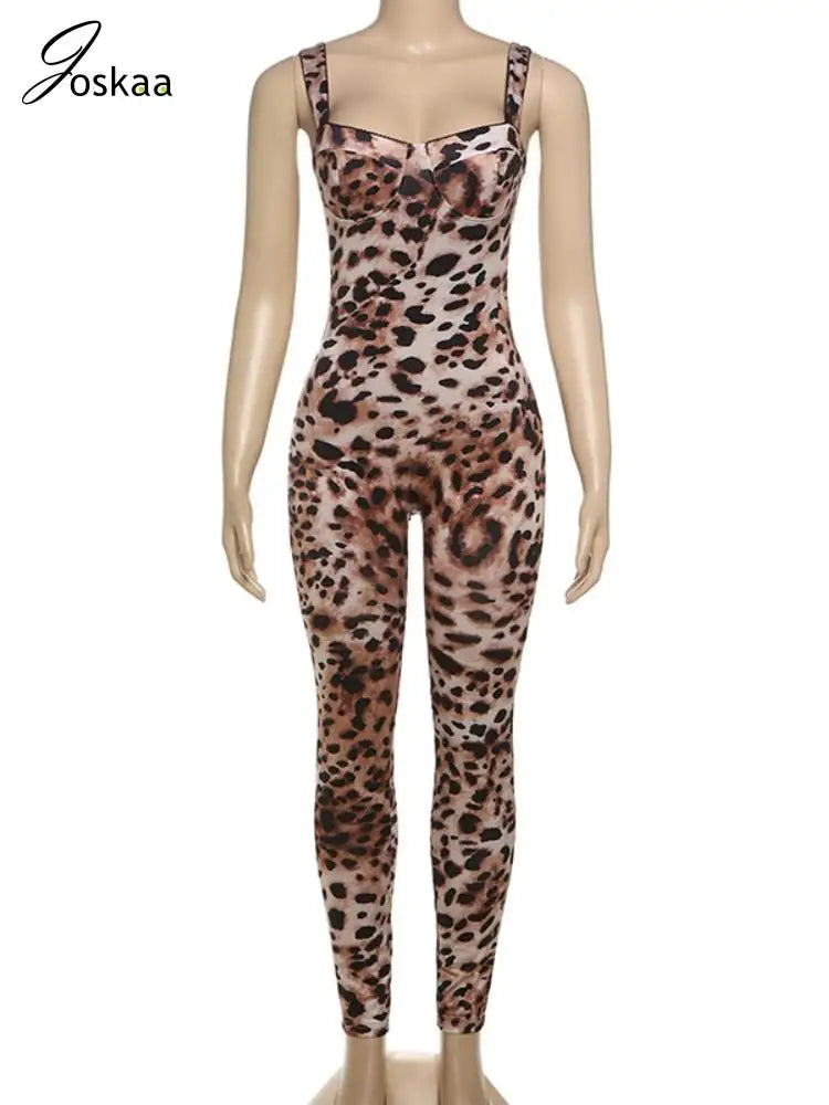 Joskaa Leopard Print Workout Jumpsuit Women Hipster Spaghetti Strap Sleeveless Lift Hips Romper 2025 Fashion Overalls Streetwear