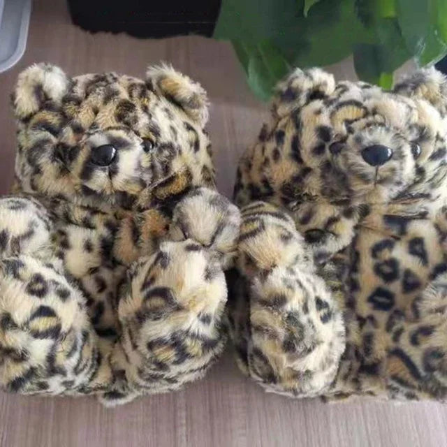 Cute Teddy Bear Plush Winter Slippers Wrapped in Heels Fun Indoor Floor Shoes Women's Gift Warm and Soft Cartoon Plush Animal Sl
