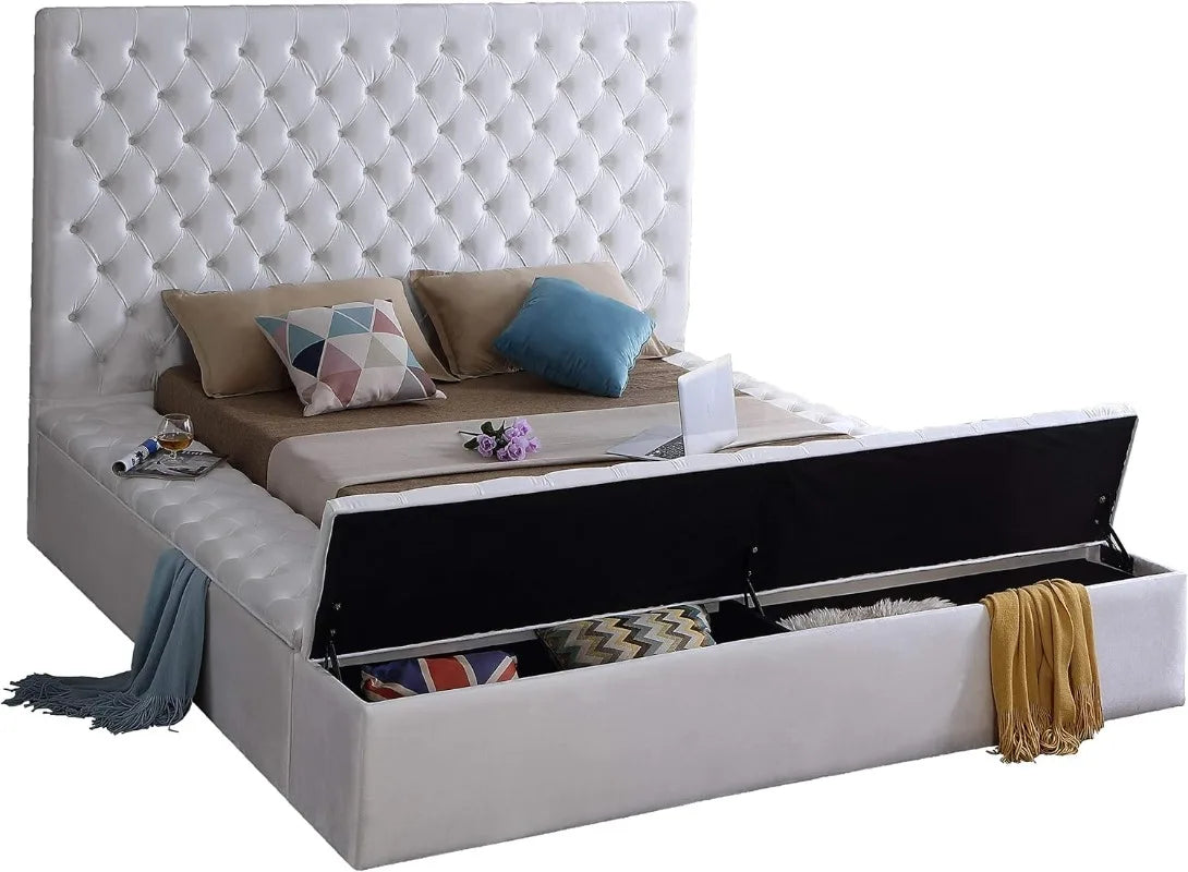 Bliss Collection Modern Contemporary Velvet Upholstered Bed with Deep Button Tufting and Storage Compartments White Queen