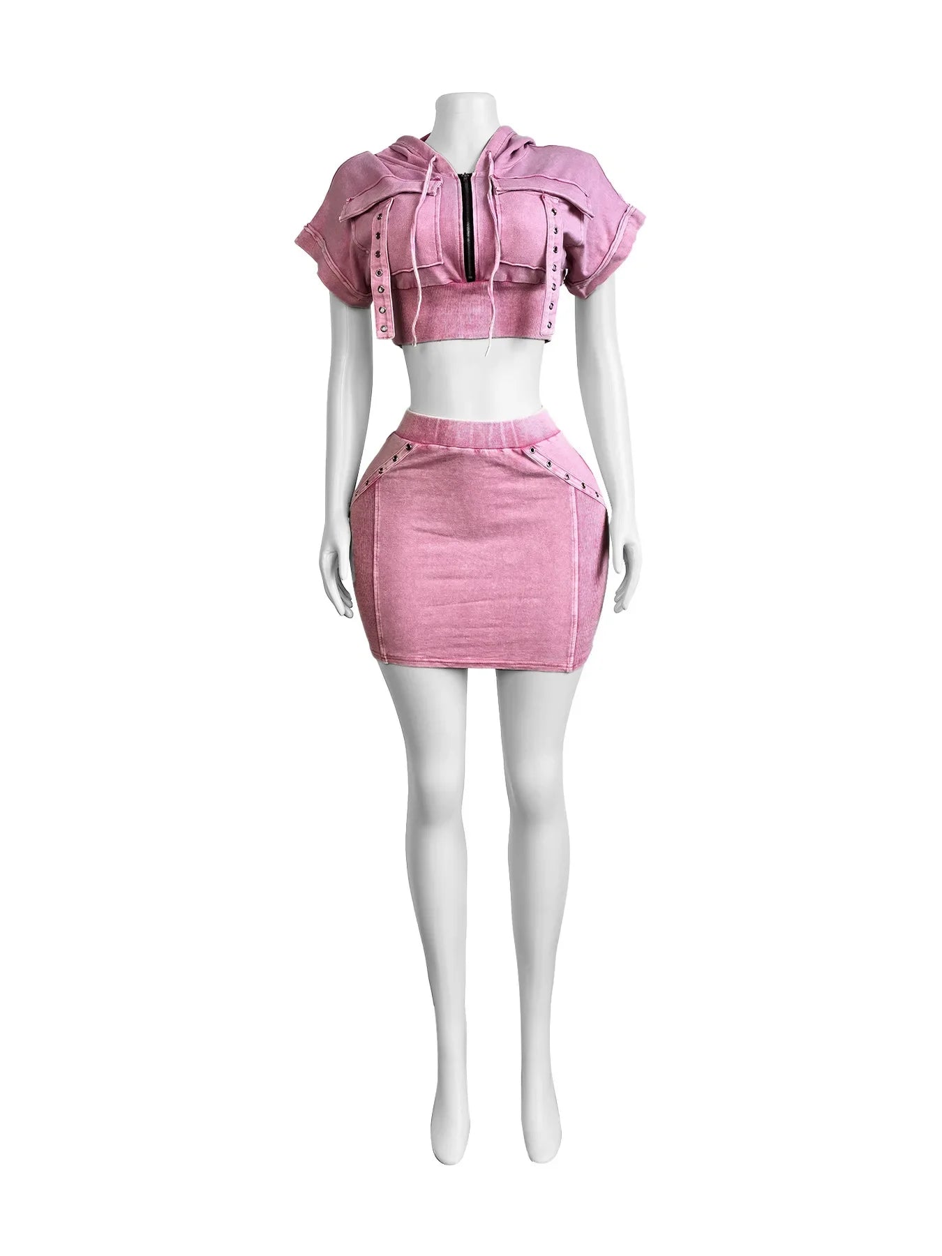 HLJ&GG Fashion Pocket Cargo Hooded Two Piece Sets Women Zip Slim Crop Top And Mini Skirts Outfits Female Washed 2pcs Streetwear