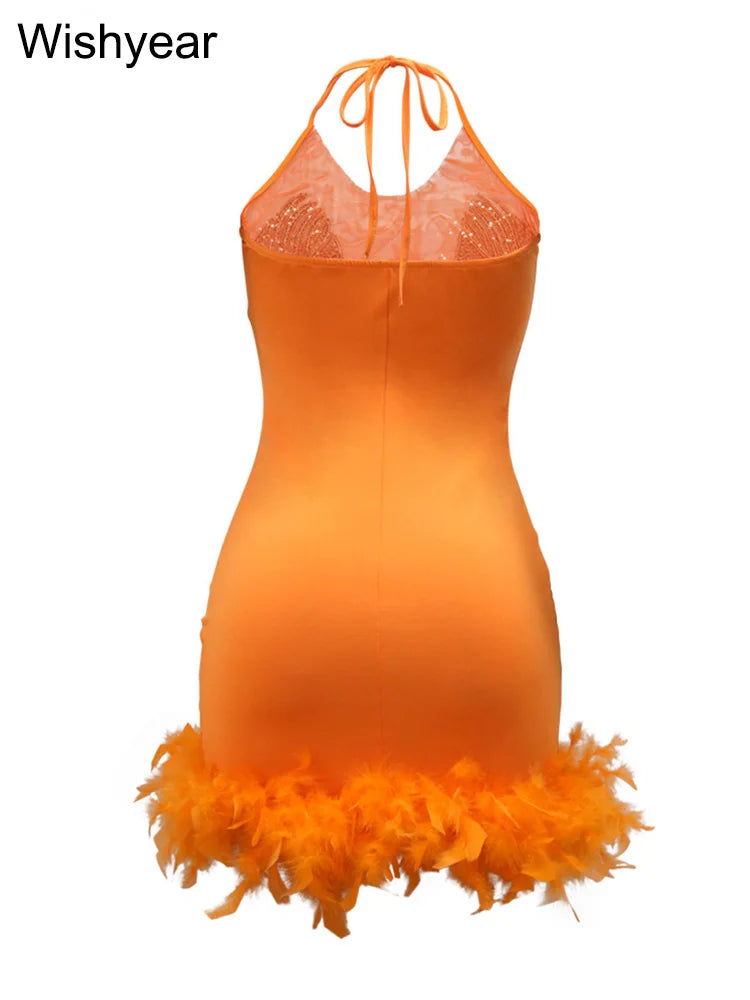 Elegant Luxury Sequins See Through Feather Mini Dress Celebrity Halter Backless Women‘s Sexy Birthday Party Nightclub Vestidos