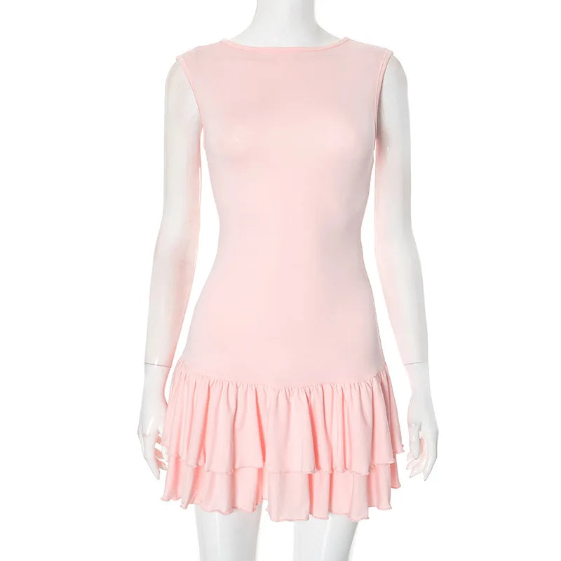 Women's Solid Pleated Short Dress Sleeveless O-neck Fashion Elegant Simple Mini Bodycon Dresses Slim Street Casual Party Holiday