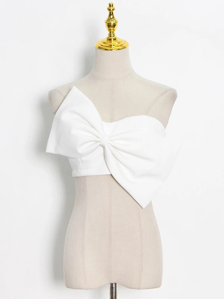 VGH Strapless Slim Solid Sets For Women Sleeveless High Waist Patchwork Bow Top Irregular Sexy Mini Two Piece Set Female Clothes