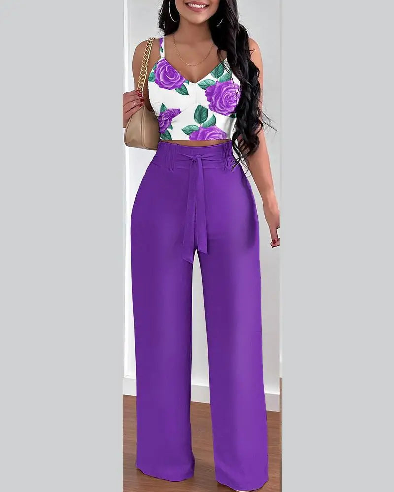 Women Fashion Print Halter V-Neck Short Tank Suit Tops Long Pants Matching Set Summer Casual Female Slim Pants Two Piece Sets