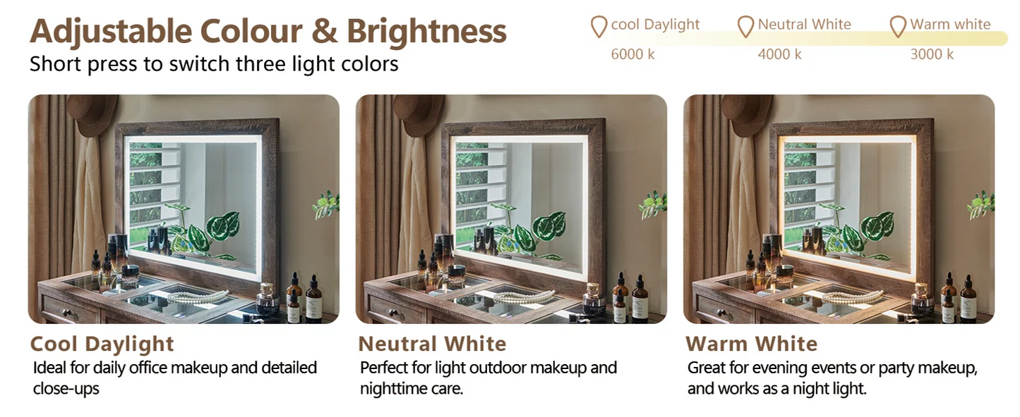 69" W rustic wood bedroom dresser with glass top, 9 large storage drawers, 3 color usable lights and 30 "HD Led mirror