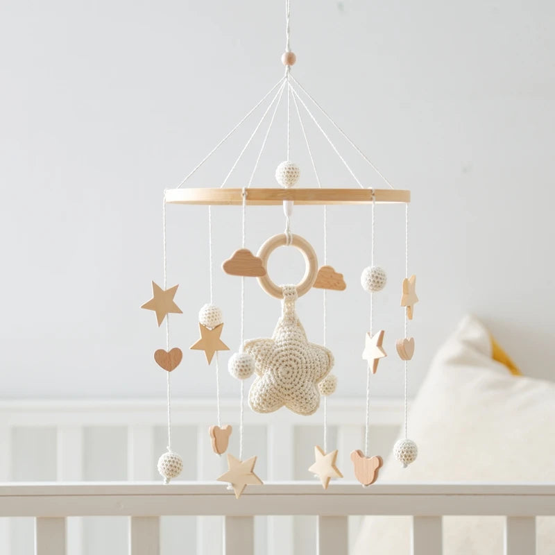 Baby Crib Mobile Bed Bell Rattle Toys Wooden Crochet Stars Pendant Bed Bell Toys Newborn Comfort Crib Bracket Hanging Toys Gifts