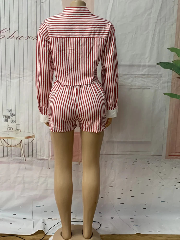 Beyprern Women's Red Striped Blouse Shirt Top And Matching Shorts Set Summer Tracksuits Set 2 Piece Outfits Workout Overalls