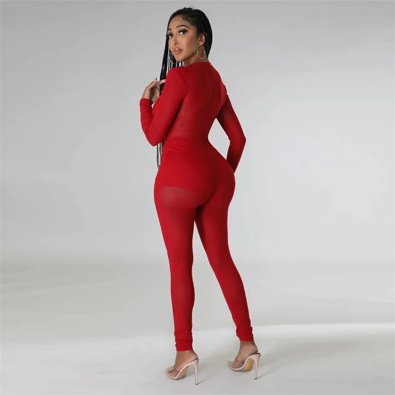 Sexy Mesh Patchwork Sheer Night Club Bodycon Jumpsuit for Women See Through One Piece Rompers Clubwear Party Birthday Outfits