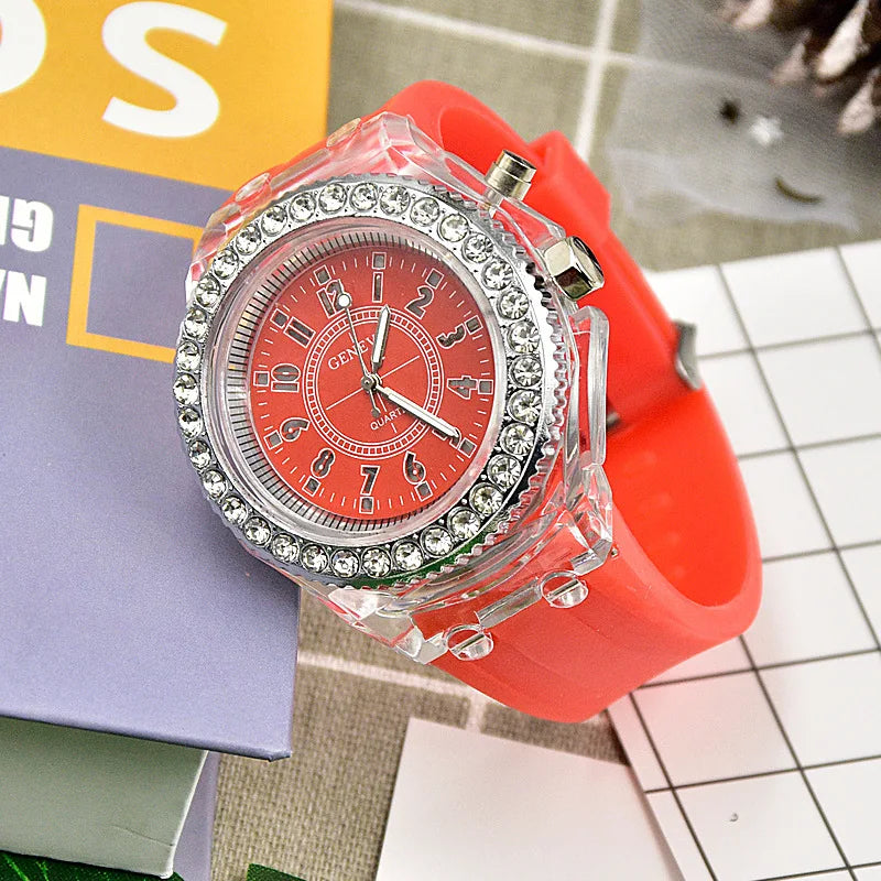 Luminous Quartz Watch for Women Personality Rhinestone Led Fashion Geneva Male and Female Students Couple Jelly Wrist Watches