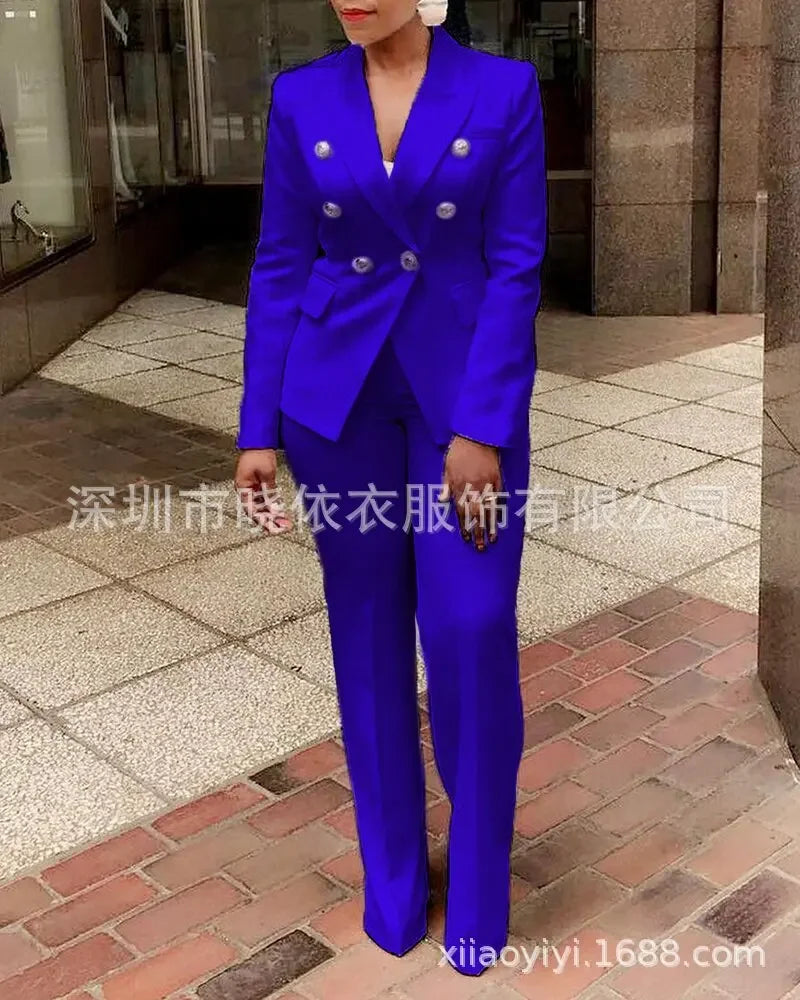 Women Pants Set Two Piece Sets Turn Down Collar White Blazer Elegant Coats Matching Sets Work High Waist Long Pants Suits