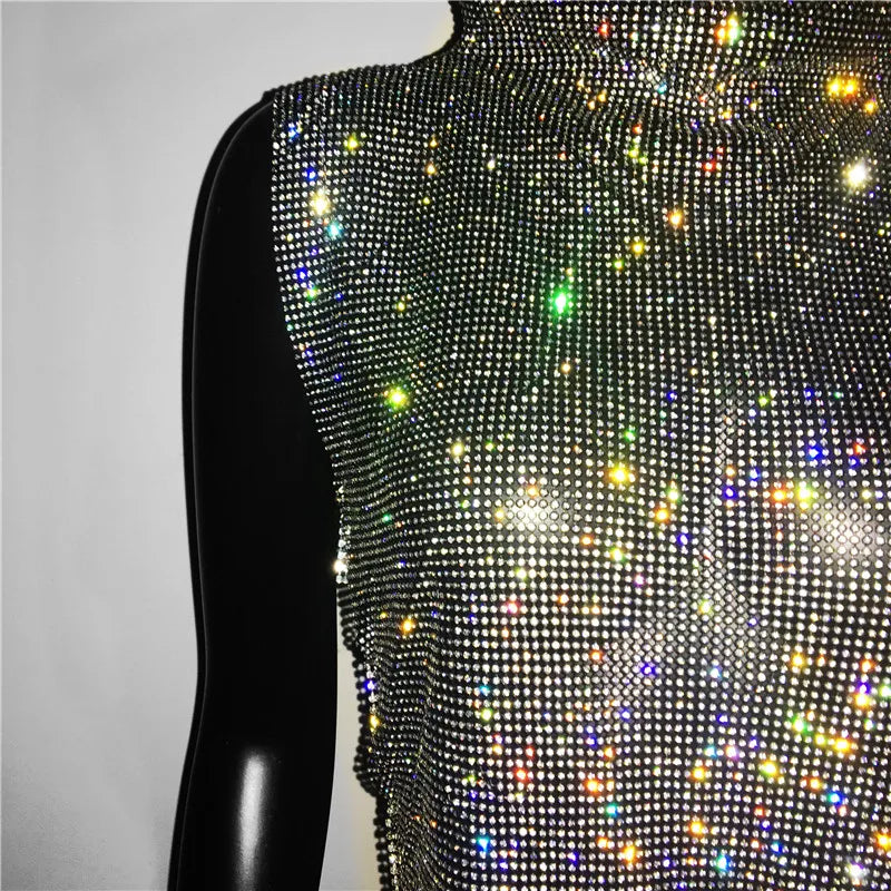 Sexy Rhinestone Backless Party Crop Top Women Glitter Turtleneck TShirt Adjustable Metal Chain Summer Nightculb Diamond Tank Top