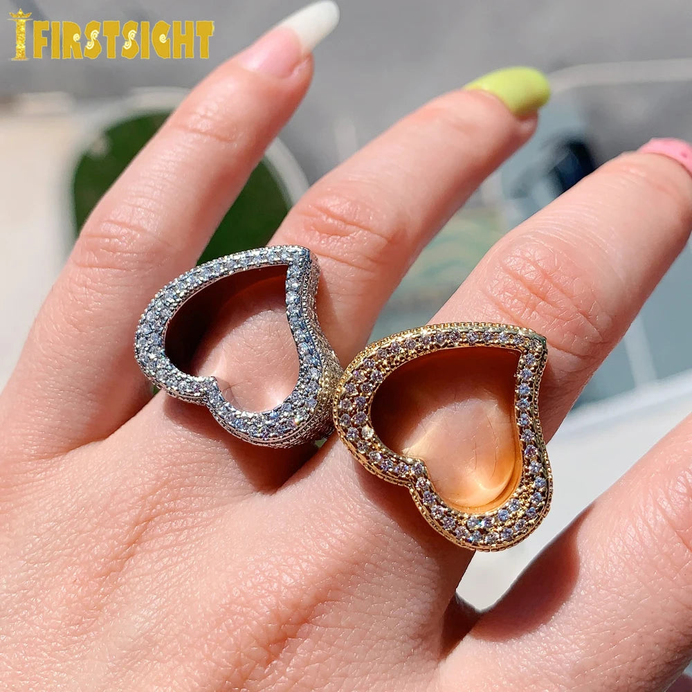 New Full Iced Out Bling Hollow Heart Ring Gold Silver Color 5A CZ Micro Pave Cubic Zircon Rings Hip Hop Punk Men Women Jewelry
