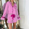 Striped Loungewear Christmas Pajamas Shorts Set Women Y2k Cute Bow Tie Pjs Button Up Shirt+Ruffle Shorts 2 Piece Sleepwear