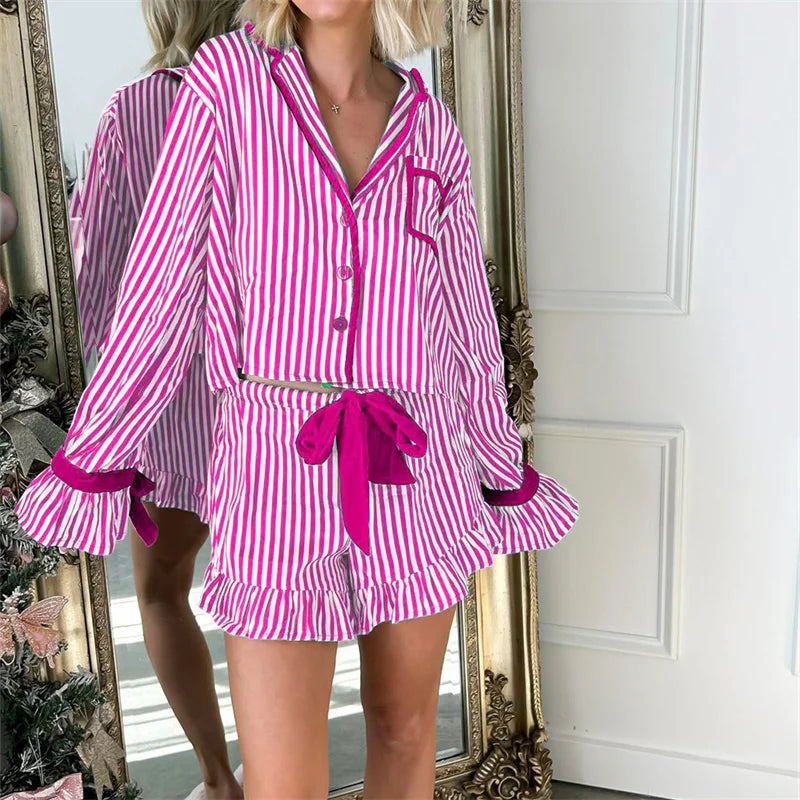 Striped Loungewear Christmas Pajamas Shorts Set Women Y2k Cute Bow Tie Pjs Button Up Shirt+Ruffle Shorts 2 Piece Sleepwear