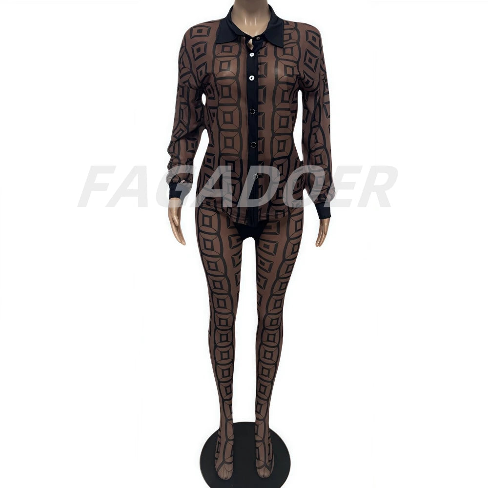 FAGADOER Sexy Mesh Women 2 Piece Set Outfit See Through Long Sleeves Crop Top + Skiny Pants Suits Female Streetwear Clothing New