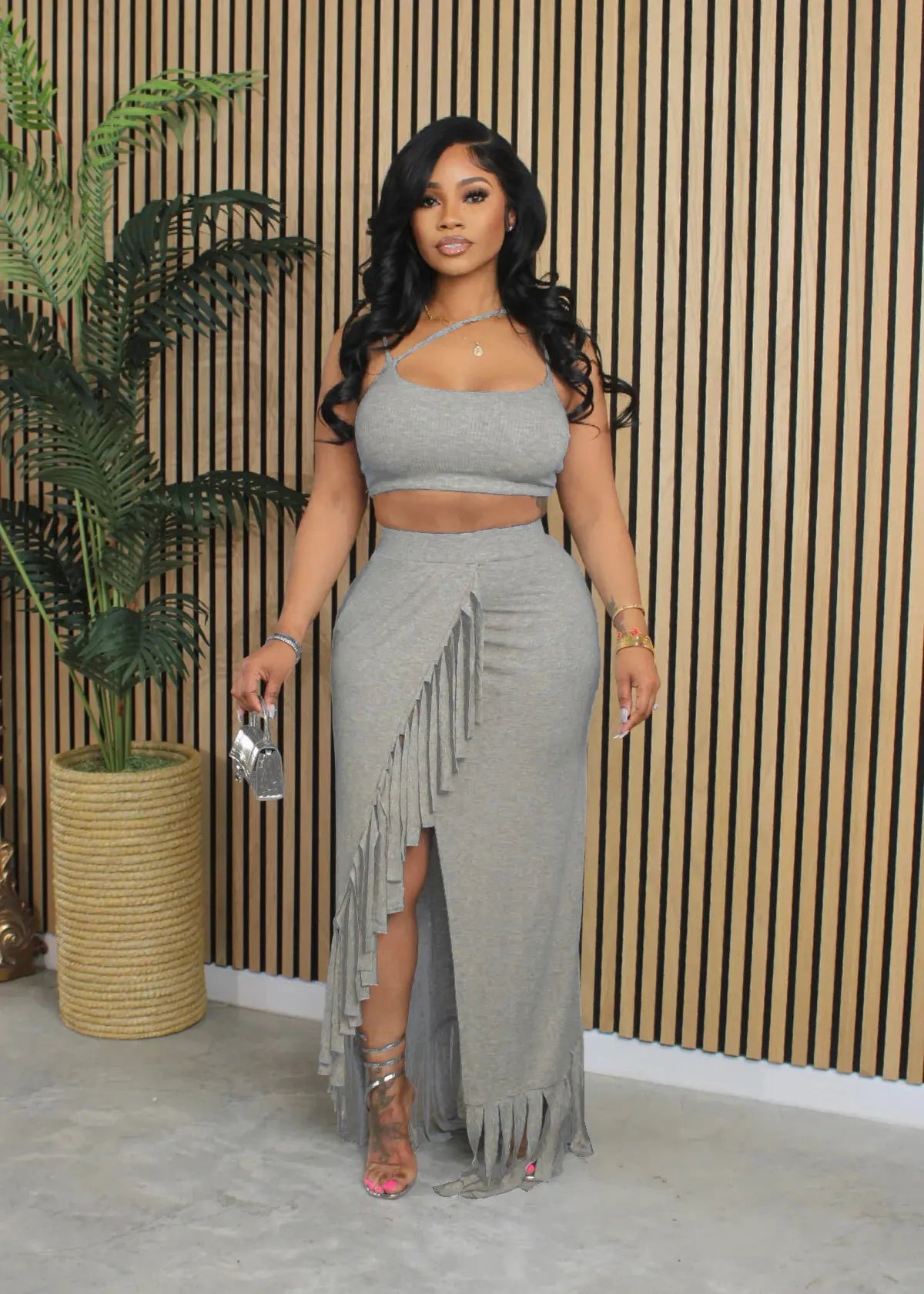 CM.YAYA Summer Women Sets Sleeveless Sexy Strap Crop Top and Tassel Long Skirt Sets Night Club Party Beach 2 Two Piece Sets