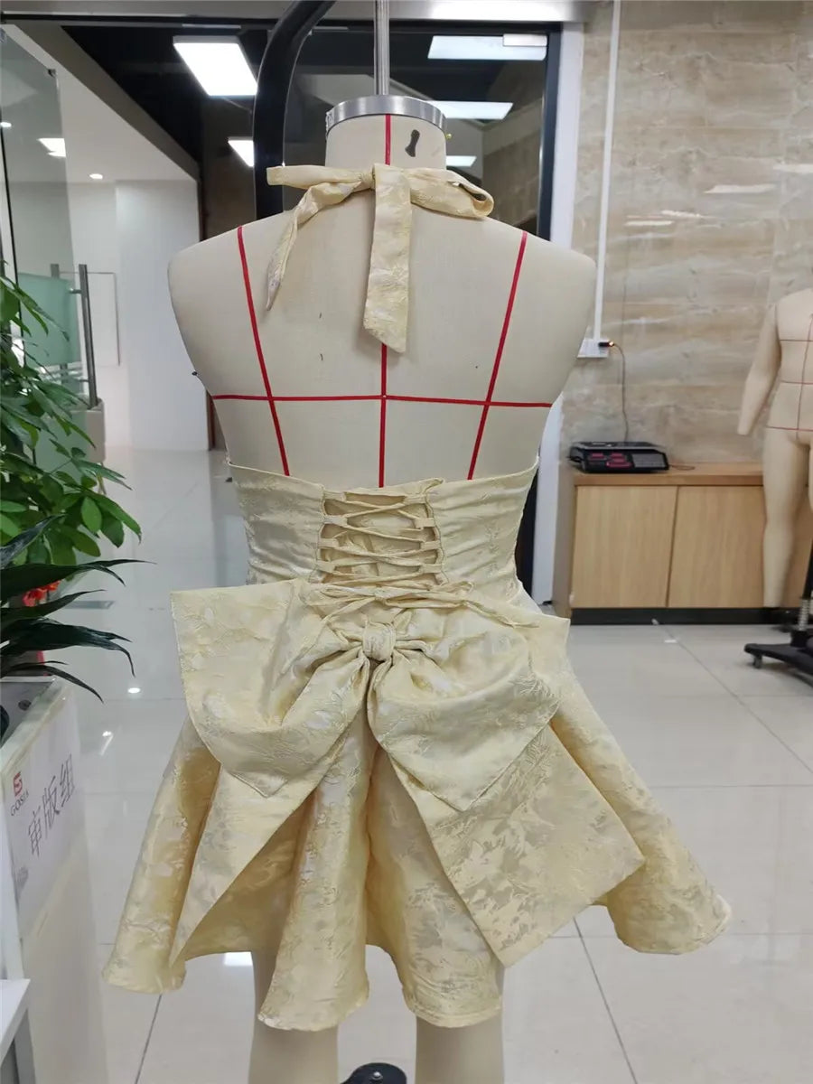 Women Halter Neck Short Dress Summer Jacquard Big Bow Backless Bandage Elegant Evening Party Dresses for Cocktail Prom Wedding