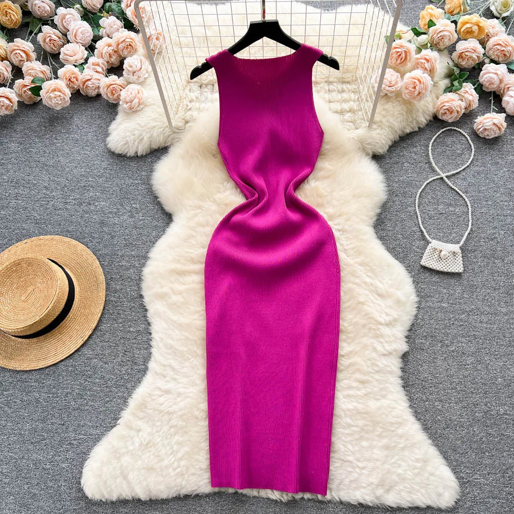 YuooMuoo Fashion Summer Bodycon Knitted Dress Sexy Package Hips Drawstring Split Black Women Dress Basic Lady Party Vestidos