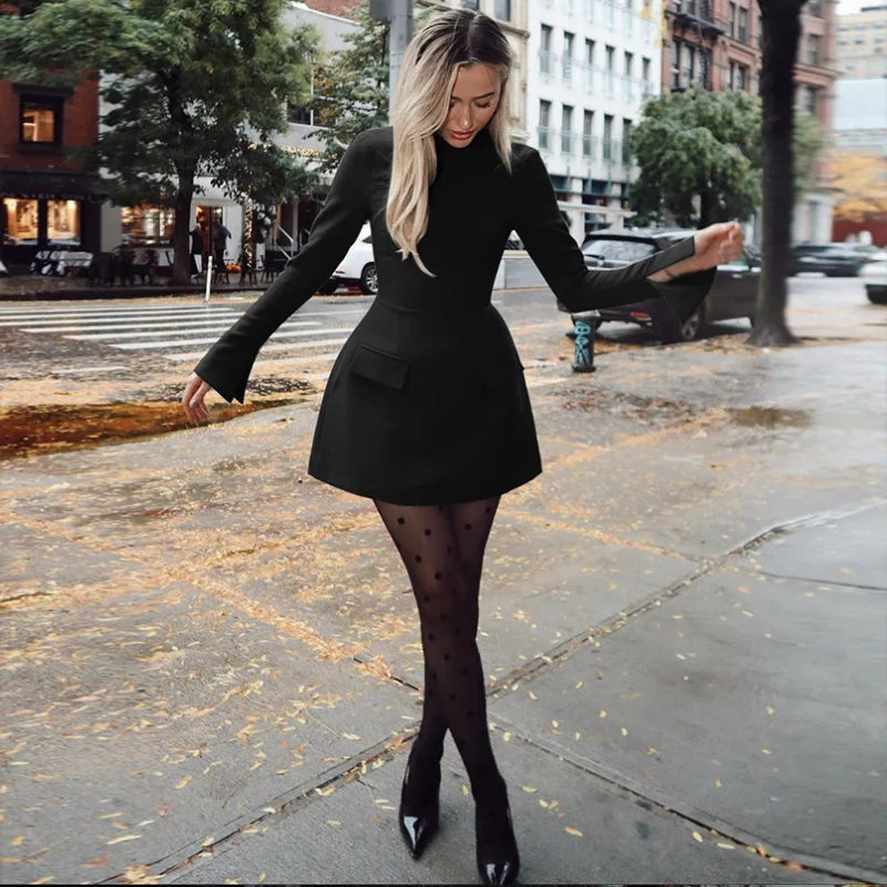 Hugcitar 2024 Spring O Neck Long Sleeve Solid Patchwork Zip Up Sexy Bodycon Mini Dress Women Fashion Outfits Birthday Party Y2K