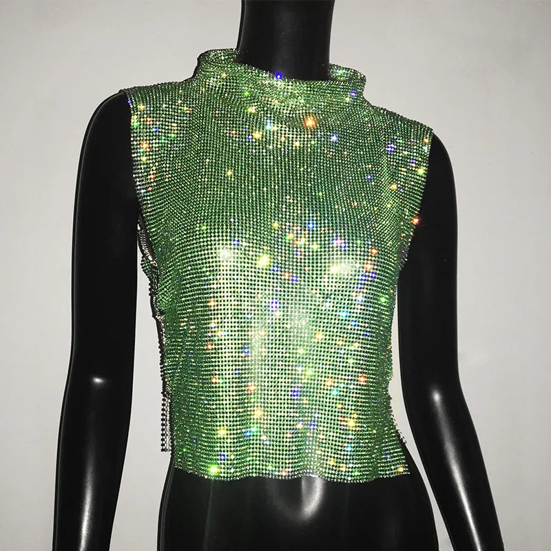 Sexy Rhinestone Backless Party Crop Top Women Glitter Turtleneck TShirt Adjustable Metal Chain Summer Nightculb Diamond Tank Top
