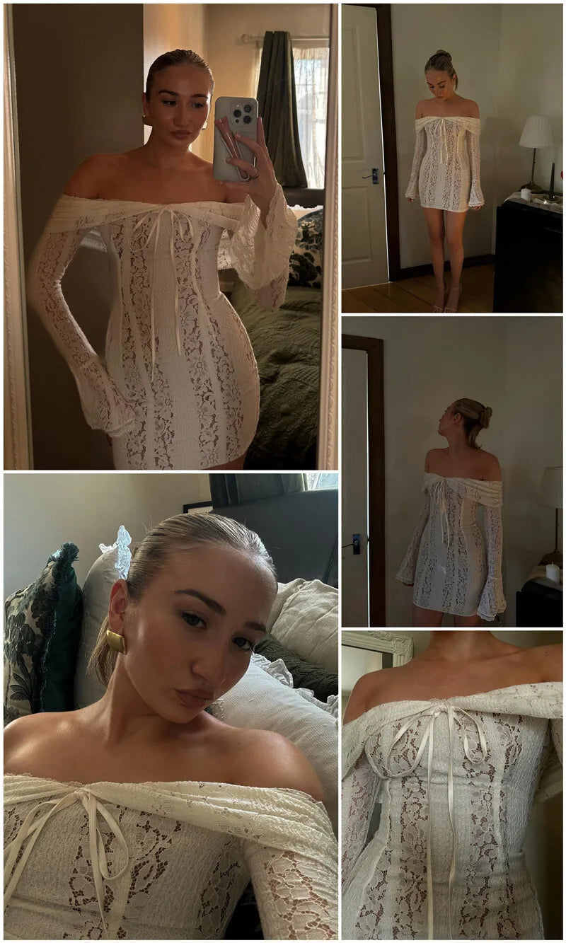 Mozision Floral Lace Off-shoulder Maxi Dress For Women White Strapless Backless Long Sleeve Bodycon Club Party Sexy Long Dress