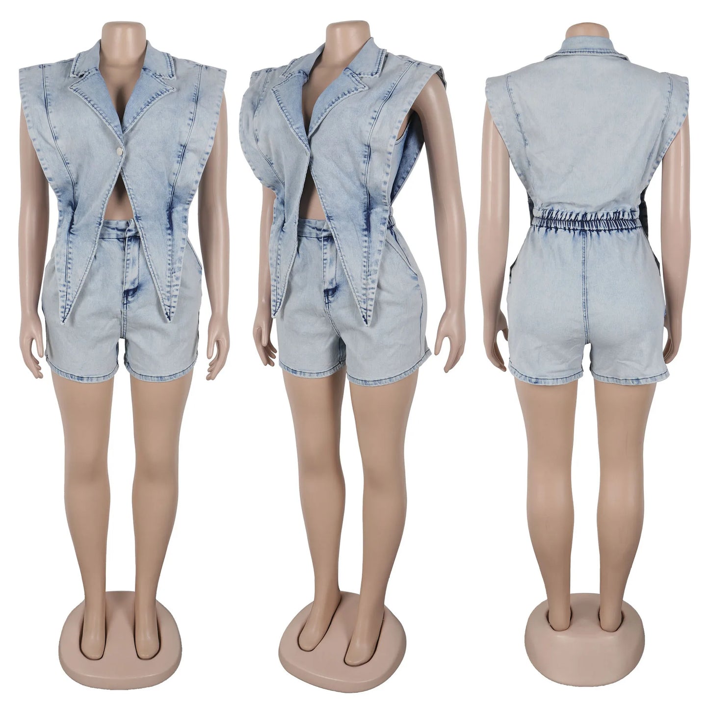 HLJ High-quality Fashion Denim Rompers Women Lapel Sleeveless Hollow Button One Piece Jumpsuits Female Streetwear Overalls New