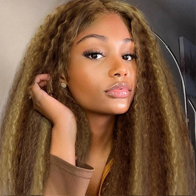 Highlight P4/27 Kinky Straight 24Inch Brown Blonde Color 13x6 Brazilian Transparent Lace Front Human Hair Pre Plucked Wig