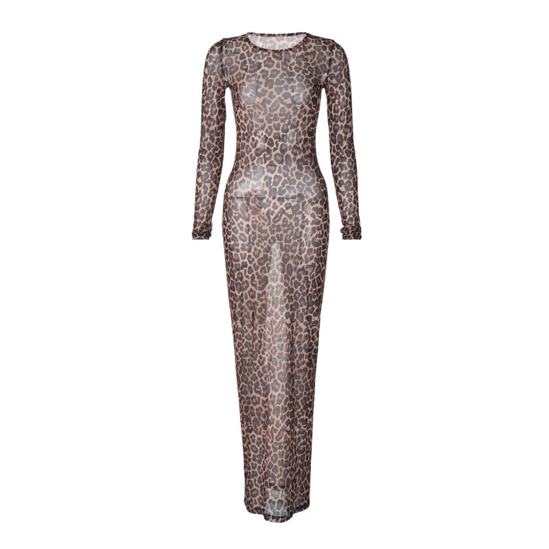 Dress Summer Women Leopard Print Mesh O Neck Long Sleeve Sexy See Through Maxi  Fashion Outfits Beach Vacation Nightclub