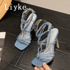 Liyke Summer Blue Denim Sandals Women Elegant Square Toe Party Wedding High Heels Crystal Buckle Narrow Band Female Dress Shoes