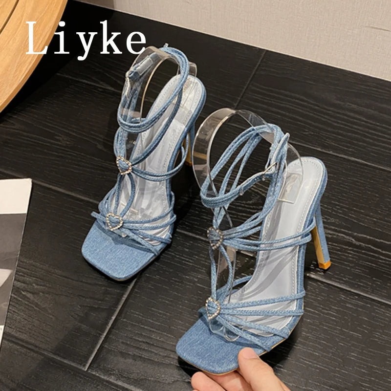 Liyke Summer Blue Denim Sandals Women Elegant Square Toe Party Wedding High Heels Crystal Buckle Narrow Band Female Dress Shoes