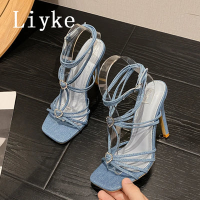 Liyke Summer Blue Denim Sandals Women Elegant Square Toe Party Wedding High Heels Crystal Buckle Narrow Band Female Dress Shoes