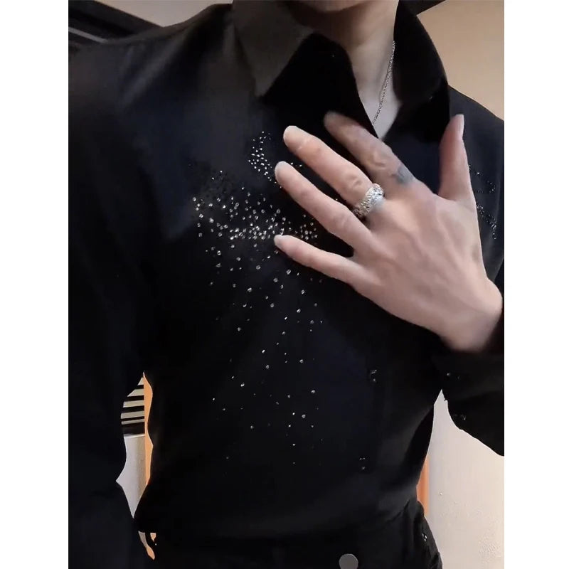 Spring Autumn Men's Korean Fashion Business Casual Rhinestone Button Up Shirt Male England Black Long Sleeve Slim Handsome Tops