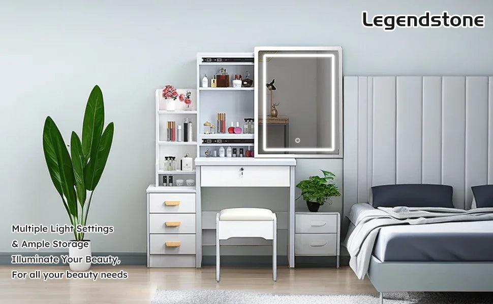 Makeup Vanity Set with Mirror and Light, Storage Drawer, Chair and Shelf, Adjustable Brightness Makeup Vanity with Light