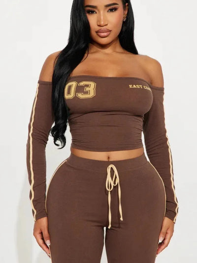 Hot girl fashion trend suit irregular side length pants long sleeved off shoulder women's clothing spring and summer