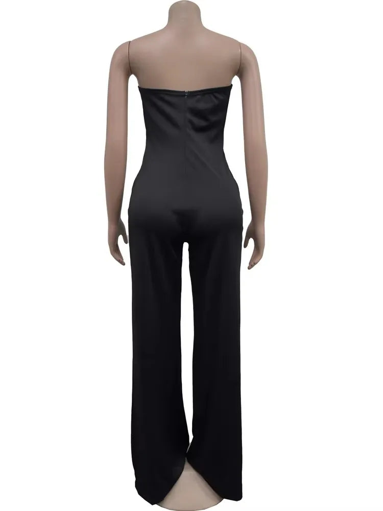 Beyprern Fashion Off Shoulder Snake Metal Jumpsuits One Piece Outfits Beautiful Strapless Hollow Out Wide Leg Rompers Overalls