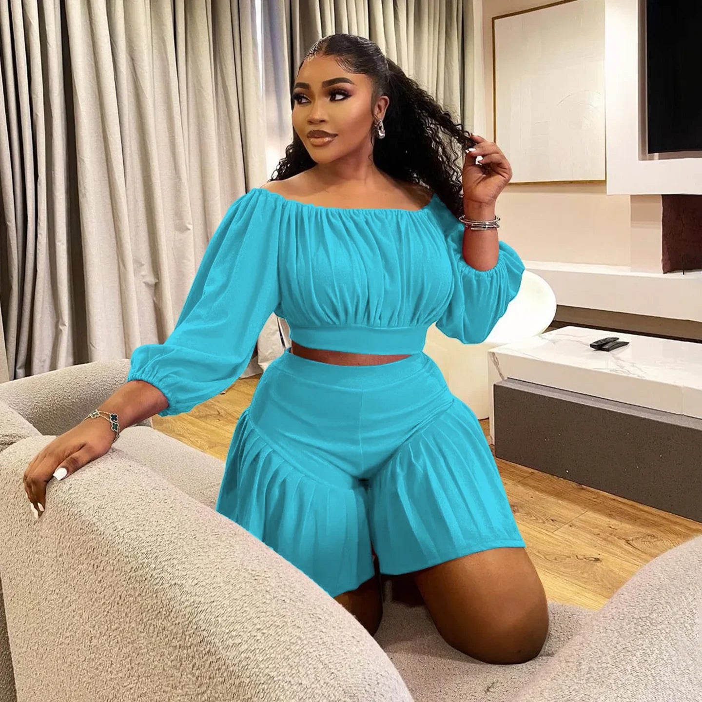 Customized Plus Size Women's Set Long Sleeve Slash Neck T-Shirt and Shorts 2025 Summer Ruched Two 2 Piece Set Outfits Tracksuit
