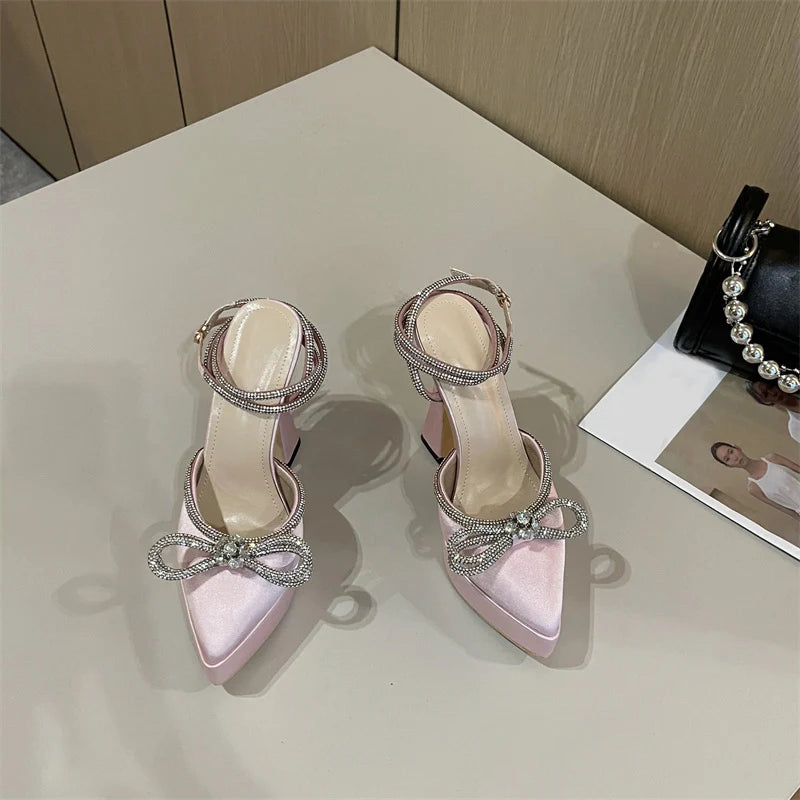Hlieny 2025 Spring Autumn Women Pumps Fashion Platform Pointed Toe Butterfly-Knot Crystal Party Shoes Ankle Buckle Strap Sandals