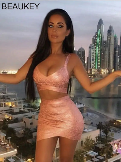 BEAUKEY Quality 2 Piece Set Shinny Metallic Rose Gold Bodycon Top & Skirt  New Mini Short Sexy Party Night Club Set
