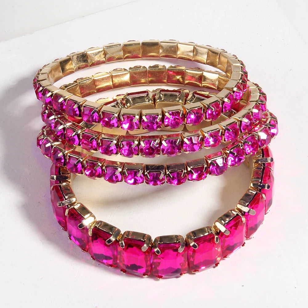 Fashion Bohemia Tennis Shiny Bracelet Jewelry 4 pcs Multicolor Crystal Glass Elastic Stack Bracelets Set