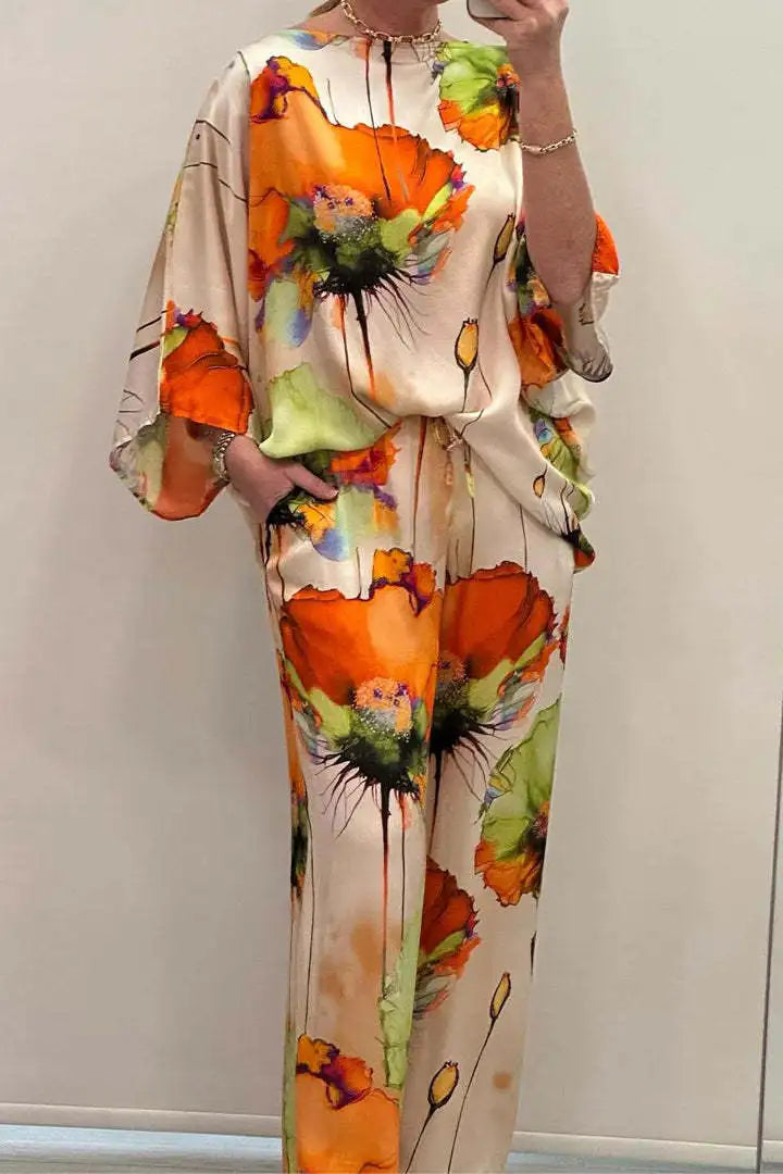 Casual Sets for Women 2 pieces Summer Fashion Printed Satin Two Piece Sets Women Sexy Round Neck Top+Wide Leg Long Pants Outfits