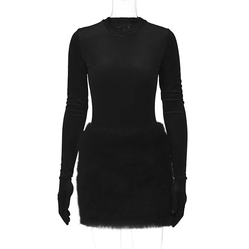 Fur Velvet Street Party Dress Women Fashion Sexy Club Outfit 2023 Autumn Female Luxury Clothing Winter Elegant Evening Dress