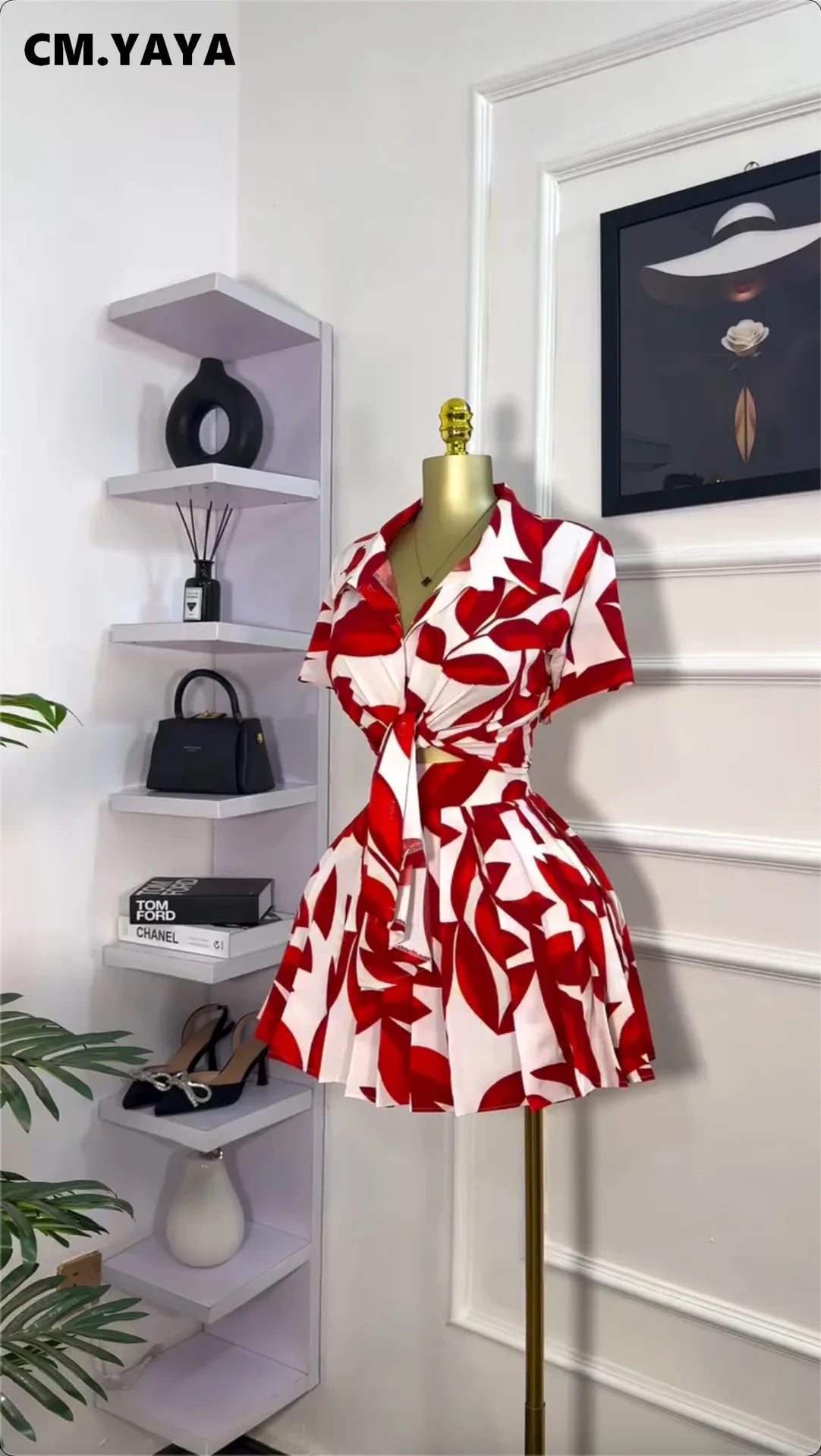 CM.YAYA Leaf Printed Women's Set Short Sleeve Bowknot Hem Blouse Shirt and Pleated Mini Skirts Suit 2023 Two 2 Piece Sets Outfit