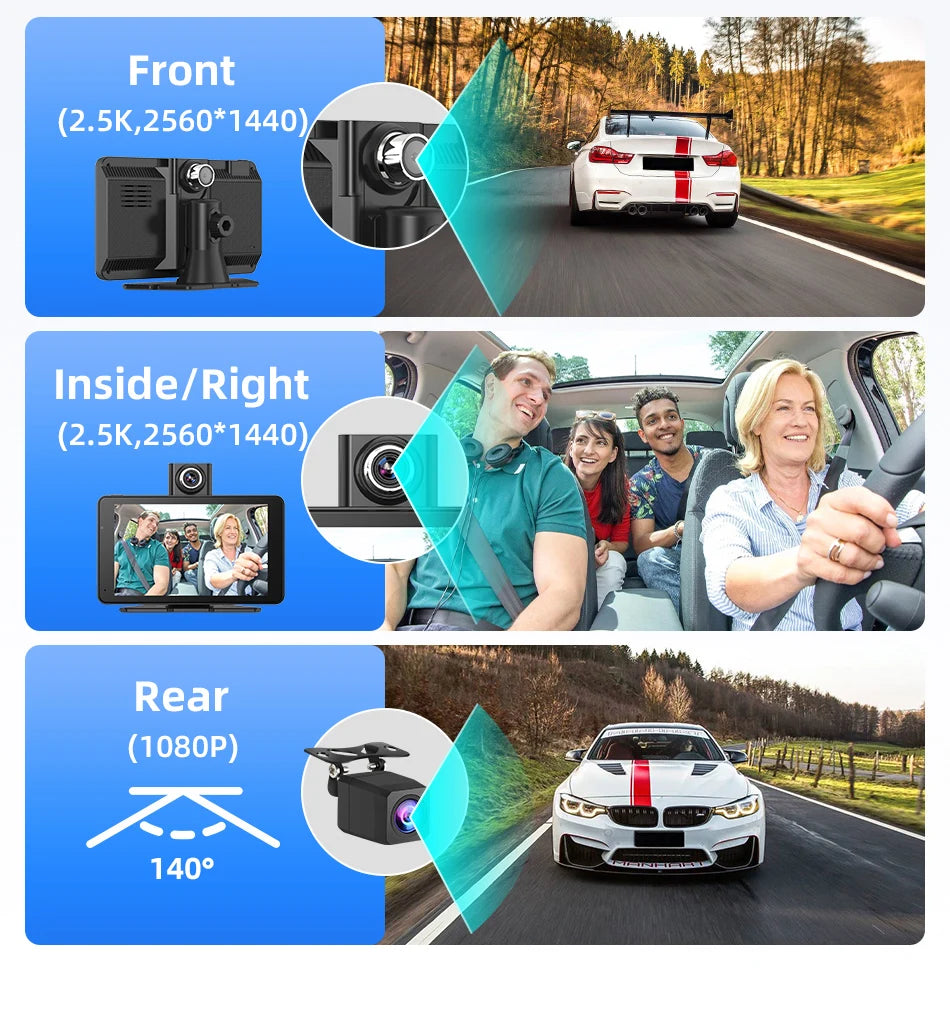 Jansite 7" Car DVR 2.5K Dash cam Wireless Carplay Android Auto Front and Rear Camera Dashboard Driving Recorder Dual Lens Wifi