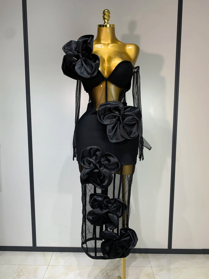 Women Sexy One Shoulder Bow Mesh See Through Bandage Bodycon Dress With Gloves Black Sleeveless Elegant Party Birthday Dresses