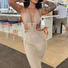 BWQ Knitted Lace Up Halter Midi Dress Women Bodycon Sexy Streetwear Party Club Outfits Beach Crochet Long Dress Fall Winter