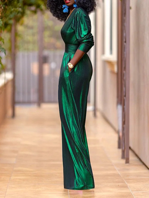 Bonboho Women's Solid Color Jumpsuit Deep V-neck Three-Quarter Sleeves High Waist Wide Leg Oe-piece Suit Summer Casual Jumpsuits