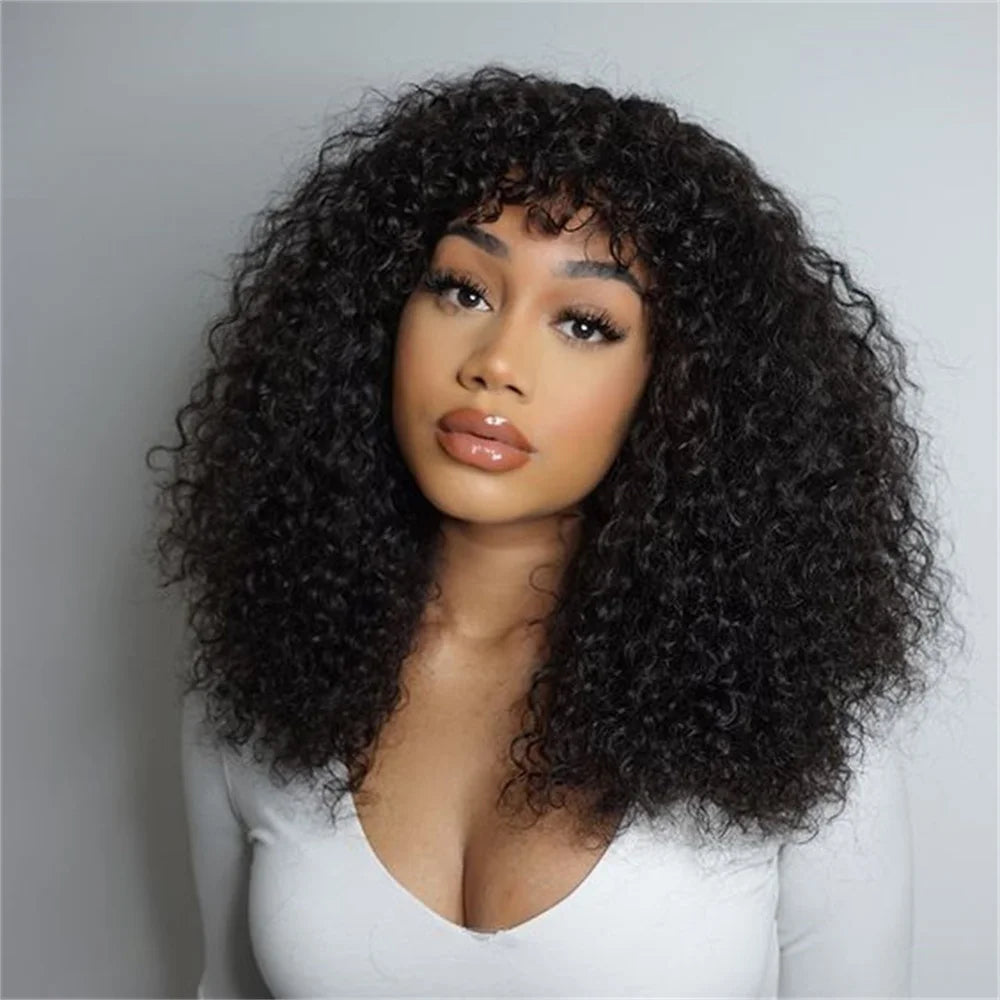 Kinky Curly Short Bob Wig with Bangs Human Hair Straight Bang Bob Wig Glueless Minimalist 2x1 Lace Scalp Bob Bang Wig For Women