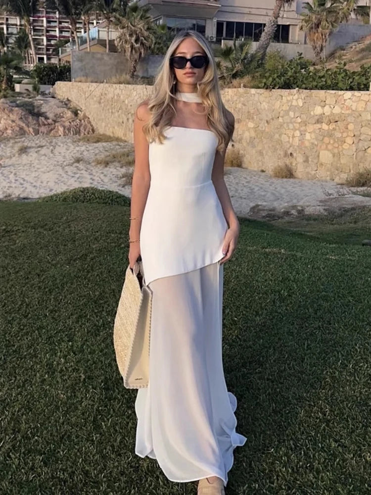 TARUXY Fashion Strapless Dress With Ribbon Female Elegant Sleeveless Mesh Beach Vacation Long Dress 2025 Spring New Women Dress