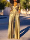 Bonboho Women's Solid Color Jumpsuit Deep V-neck Three-Quarter Sleeves High Waist Wide Leg Oe-piece Suit Summer Casual Jumpsuits