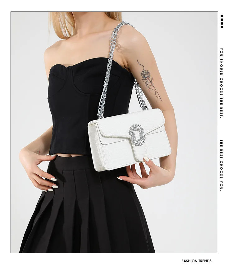 Crocodile Embossed Shoulder Bags For Women Flap PU Leather Fashion Rhinestone Decor Small Square Crossbody Bag Designer Handbag